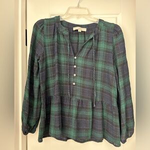 Loft Plaid Tie Neck Peplum Blouse